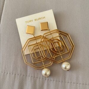 Tory Burch Gold Geometric Earrings with Pearl Accent